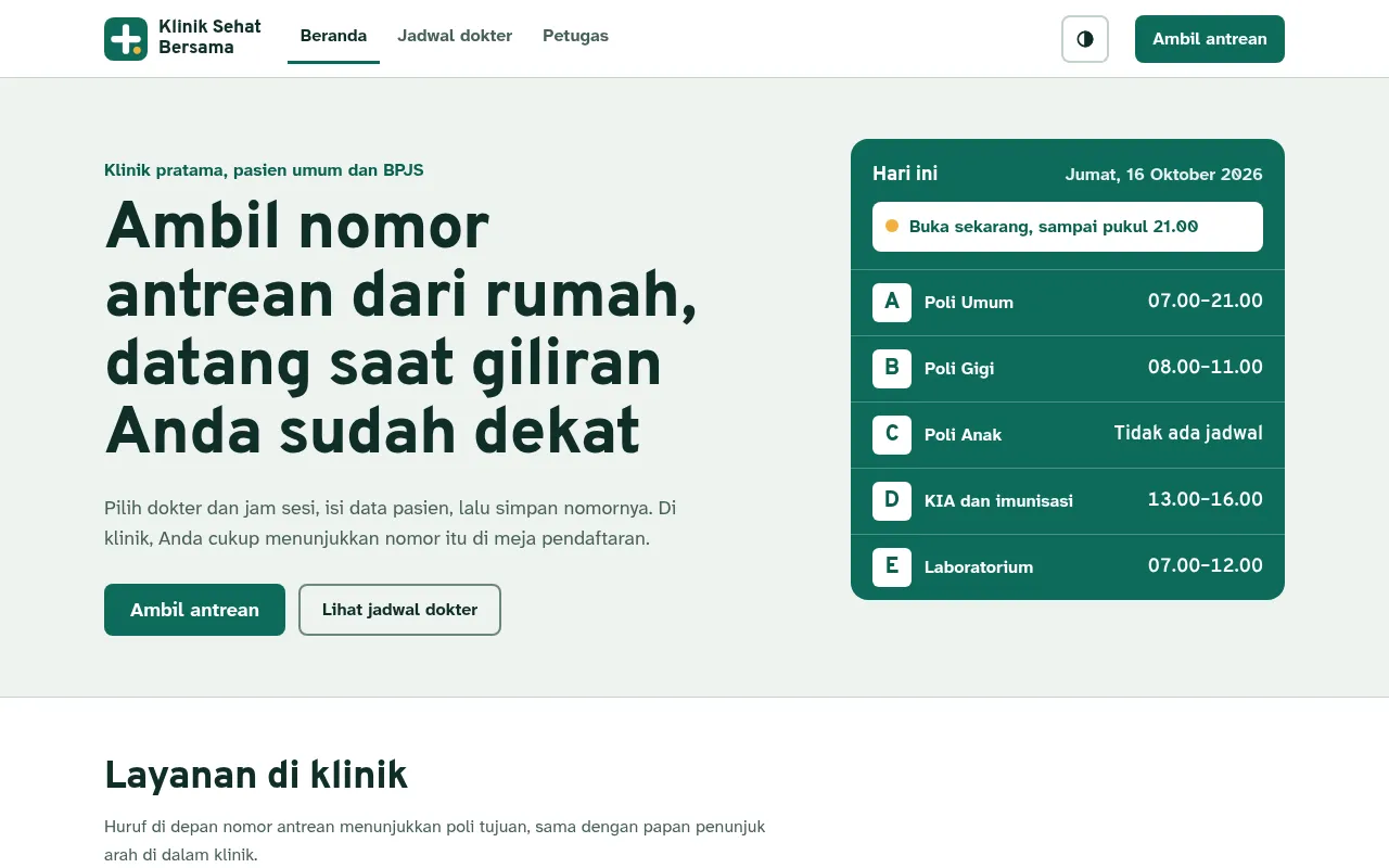 Tampilan beranda situs demo Klinik Sehat Bersama